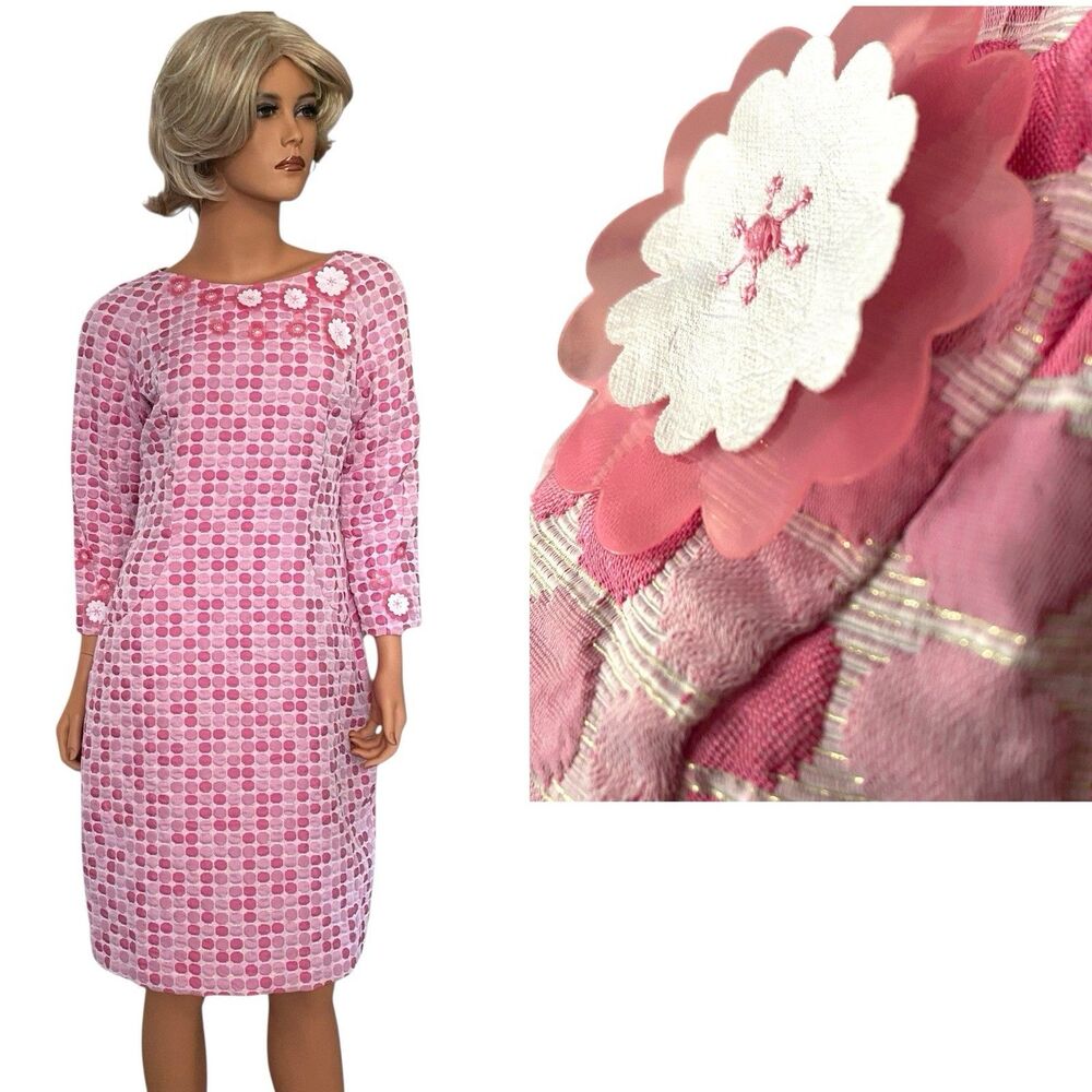 Vtg Thick Poly Mod Floral Pink Shift Dress Poka Dot Pockets Lined Boat Collar 3D